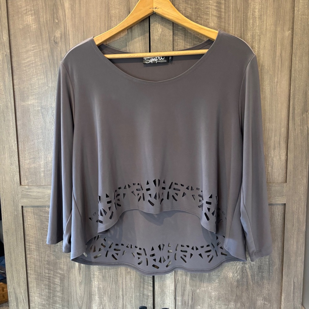 Sympli Womens Grey Laser Cut High Low Hem Long Sleeve Blouse Top Size 12